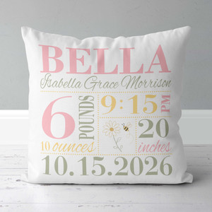 Girls Little Bee Birth Announcement Pillow - Blush Pink, Pale Yellow, Sage Green and Yellow
