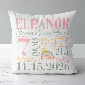 Girls rainbow birth announcement pillow gift for new parents