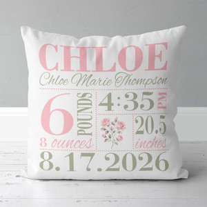 Girls floral rose birth announcement pillow gift for new parents