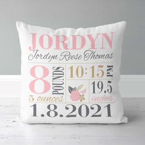 Birth announcement pillow in blush, dark grey and gold floral