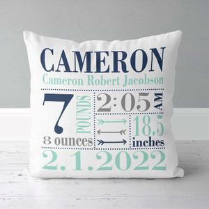 boys birth announcement pillow with navy and mint green arrows