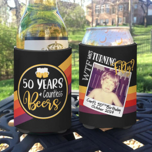 50th birthday photo koozies - wtf who's turning 50