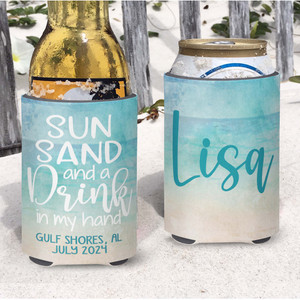 Personalized Beach Vacation Can Coolie or Koozies® - Watercolor Beach - Sun Sand and a Drink in My Hand script