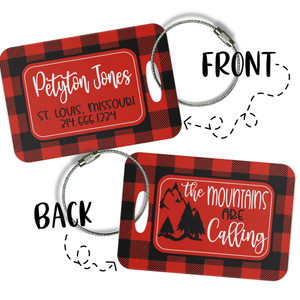 Personalized Mountain Vacation Luggage Bag Tag - Red Buffalo Plaid