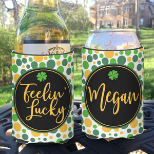 Personalized St Patrick's Feelin' Lucky Can Koozies® or Neoprene Coolies - polka dots