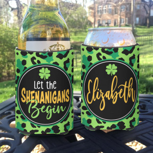 Personalized St Patrick's let the shenanigans begin Can Koozies® or Neoprene Coolies - leopard