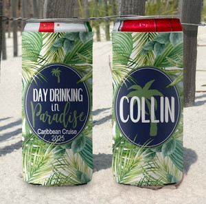 Personalized slim can koozies - day drinking in paradise vacation koozies - print