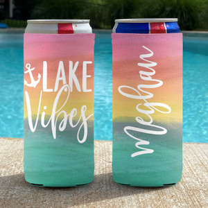 Personalized Lkae Vacation Slim Can Coolies - Lake Vibes - Watercolor Sunset