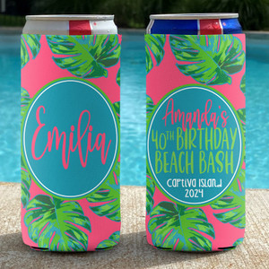 Personalized Birthday Beach Bash Slim Can Coolies - Pink Tropical