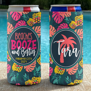 Personalized Pink Pineapple Tropical Beach Vacation Bachelorette Party Slim Can Coolies - Beaches Booze and Besties