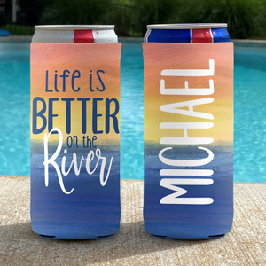 River Boat Weekend Slim Can Coolies - Life is Better on the River - print