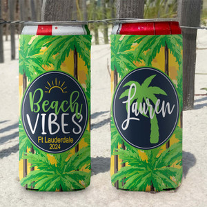 Personalized Yellow Tropical Beach Vacation Slim Can Coolies - Beach Vibes - script