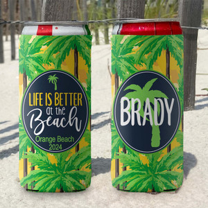 Personalized Yellow Tropical Beach Vacation Slim Can Coolies - Life is Better at the Beach - print