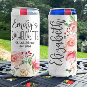 Personalized Girls Weekend Bachelorette Slim Can Coolies - Pink Watercolor Floral