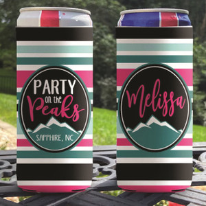 Personalized Mountain Vacation Slim Can Coolies - Pink and Black Striped