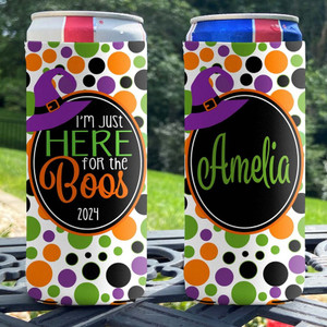 Personalized Halloween Slim Can Coolies - I'm Just Here for the Boos Polka Dot Cooler