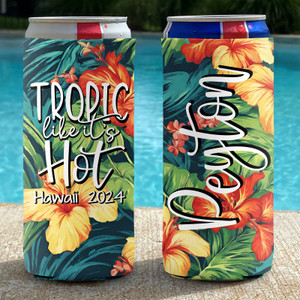 Personalized Tropical Beach Vacation Slim Can Coolies - Hawaiian Print