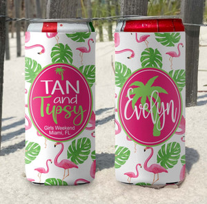 Personalized Flamingo Slim Can Coolies - Tan and Tipsy