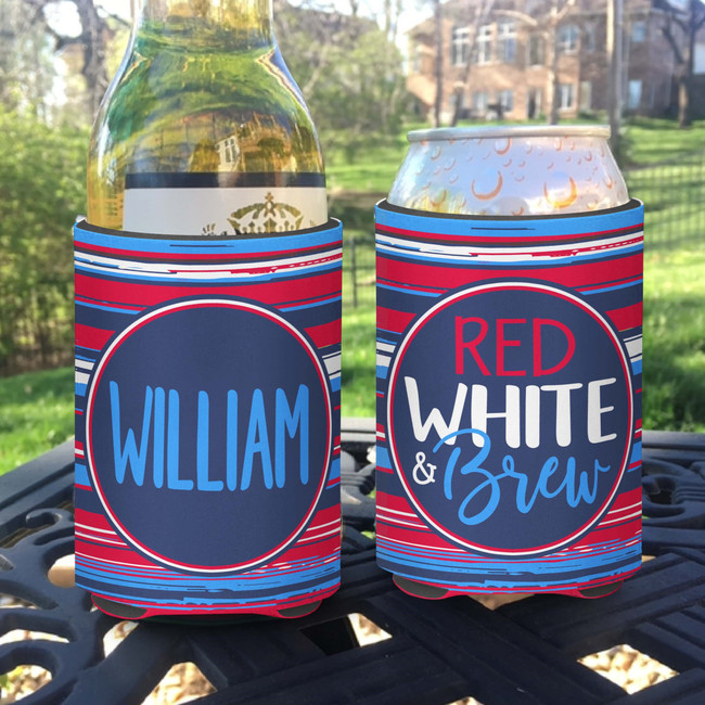 Personalized Fourth of July Patriotic Party Can Koozies® or Neoprene Coolies - Red White and Brew Stripes