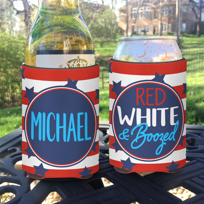 Personalized Fourth of July Patriotic Party Can Koozies® or Neoprene Coolies - Red White and Boozed Stars and Stripes