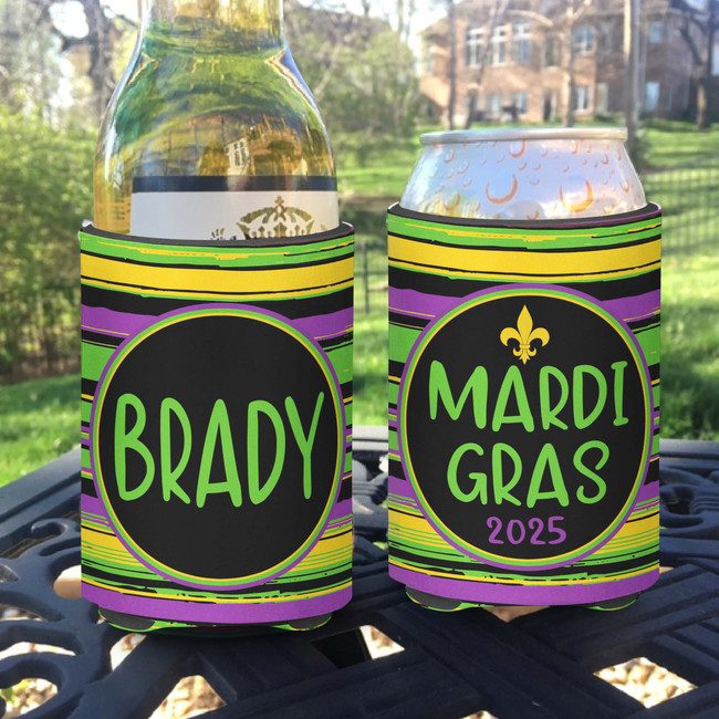 Personalized Mardi Gras Party Can Koozies® or Neoprene Coolies - Small Stripes