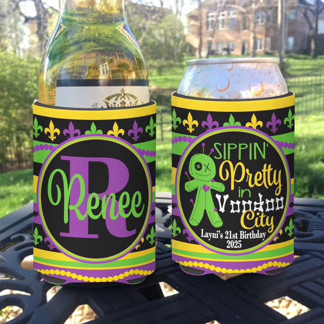 Personalized Mardi Gras Party Can Koozies® or Neoprene Coolies - Sippin Pretty in VooDoo City