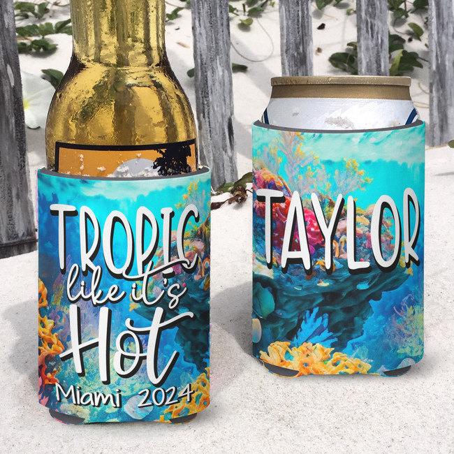 Personalized Tropic Like It's Hot Beach Vacation Can Coolie or Koozies® - Coral Reef print