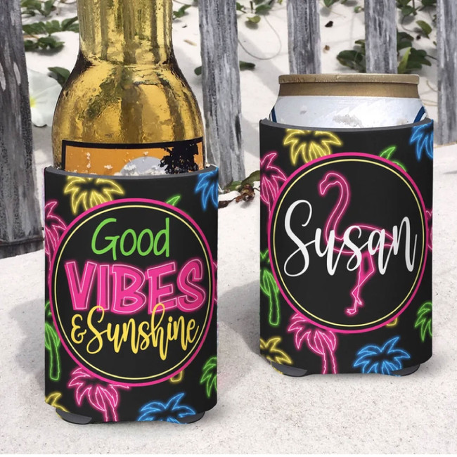 Personalized Good Vibes and Sunshine Beach Vacation Can Koozies® or Neoprene Coolies - Neon