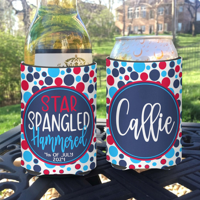 Personalized Fourth of July Patriotic Party Can Koozies® or Neoprene Coolies - Star Spangled Hammered