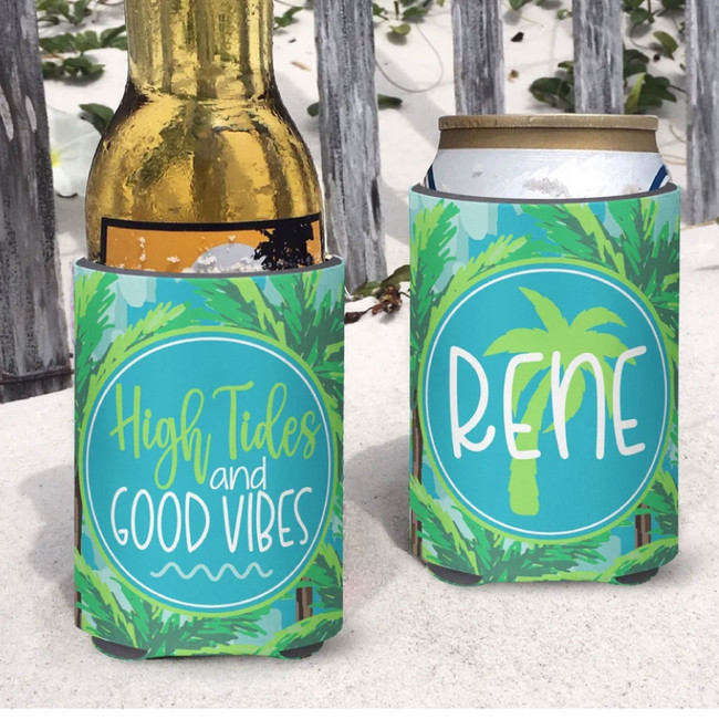 Personalized High Tides and Good Vibes Beach Vacation Can Koozies® or coolies - Teal Palms