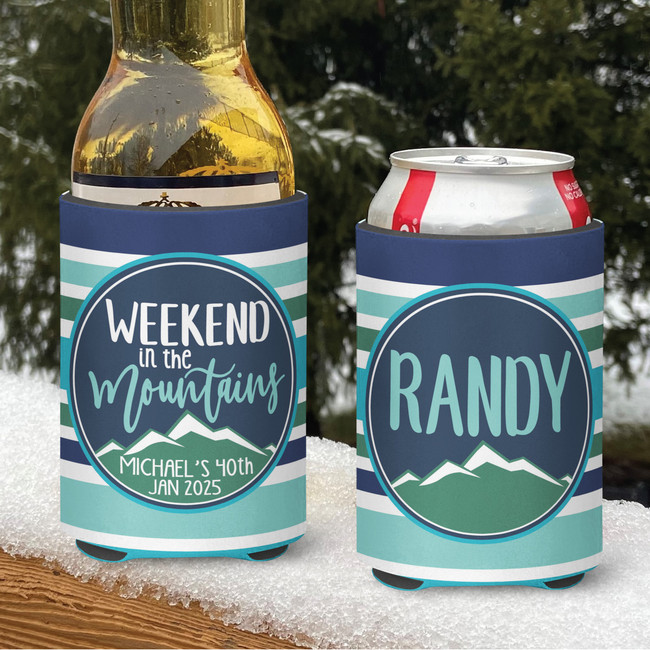 Personalized Weekend in the Mountains Ski Camping Koozies® or can neoprene coolies - Green Blue Stripes