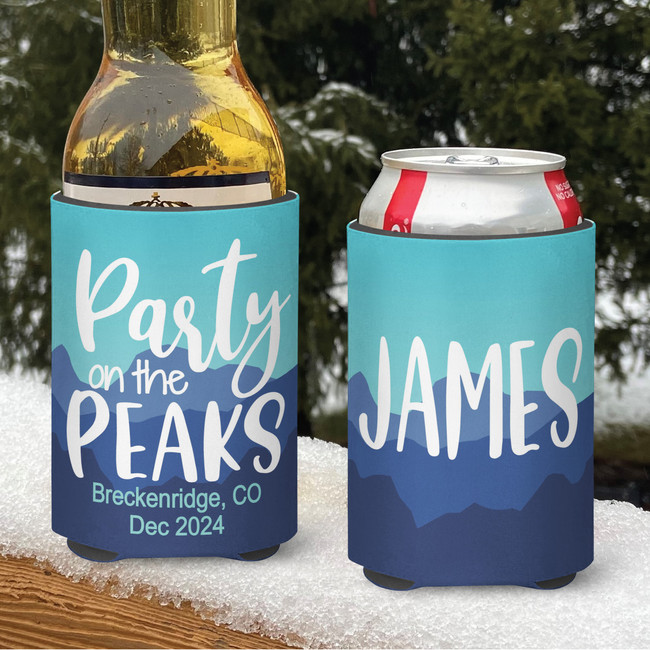 Personalized Weekend in the Mountains Ski Camping Koozies® or can neoprene coolies - Green Blue Stripes