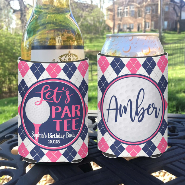 Personalized Birthday Party Can Coolie or Koozies® - Let's Partee Golf Pink