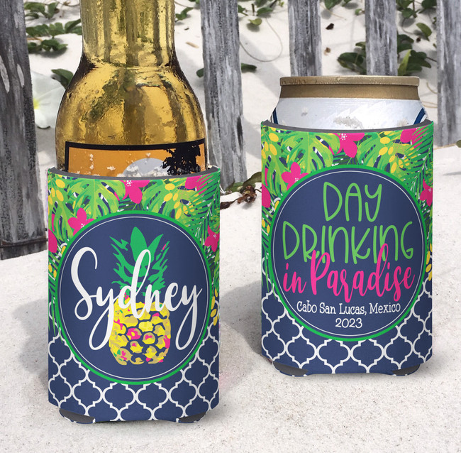 Personalized Beach Vacation Can Koozies® or coolies - Pineapple Day Drinking in Paradise Q