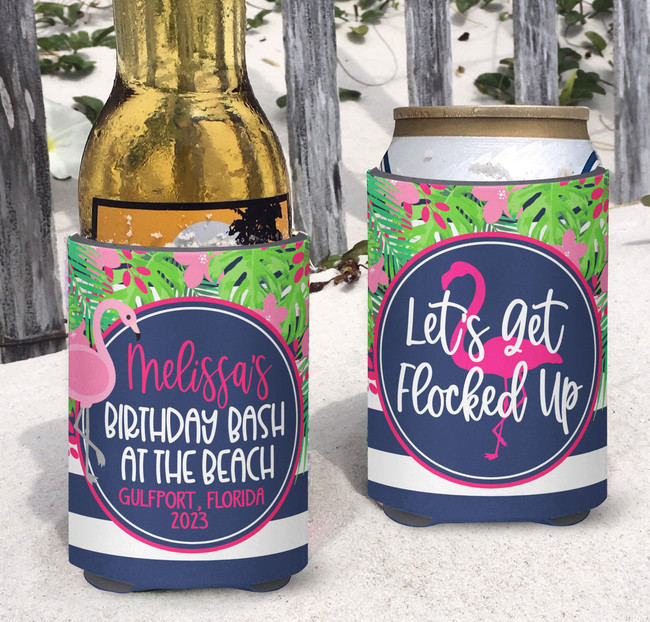 Personalized Birthday Beach Bash Standard Can Koozies® or Neoprene Coolies - Let's Get Flocked Up