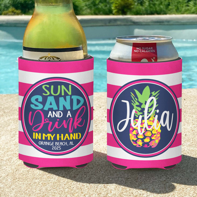 Personalized Beach Vacation Can Koozies® or coolies - Bright Pineapple Striped Sun Sand and a Drink in My Hand