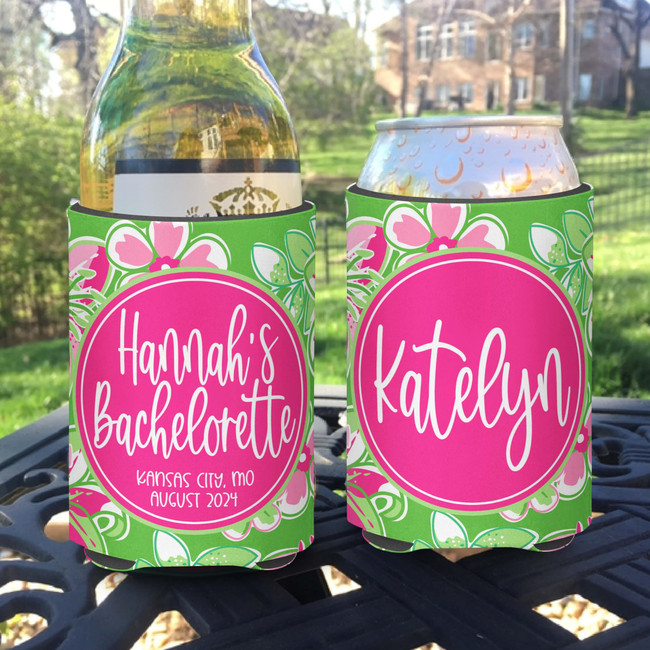 Personalized Bachelorette Bash Party Can Koozies® or Neoprene Coolies - Pink and Green Floral