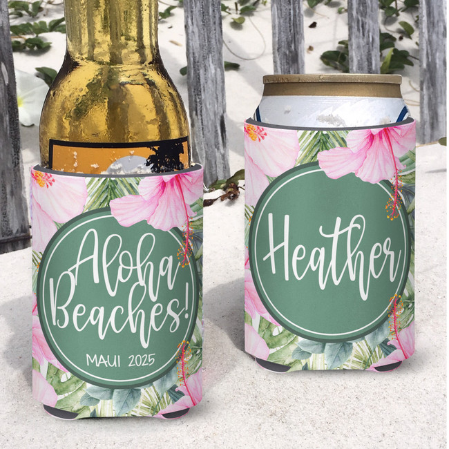Personalized Beach Vacation Can Koozies® or coolies - Hibiscus Aloha Beaches