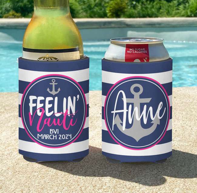 Personalized Nautical Lake Vacation, Cruise or Girls Weekend Can Coolie or Koozies® Striped Feelin Nauti