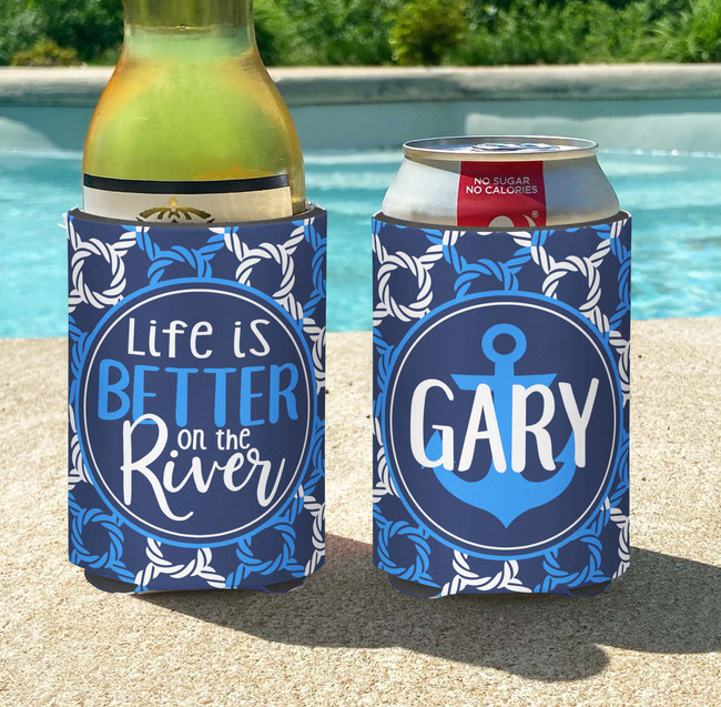 Personalized River Vacation or Weekend Can Coolie or Koozies® Life is Better on the River Blue Nautical print