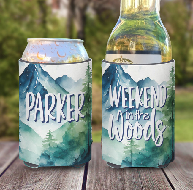 Personalized Weekend in the Woods Ski Camping Koozies® or can neoprene coolies - Watercolor Mountains  print