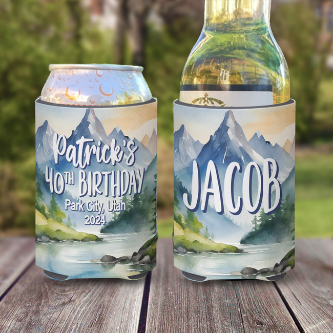 Personalized Birthday Weekend in the Woods Camping Themed Koozies® or can neoprene coolies - Watercolor Mountains print