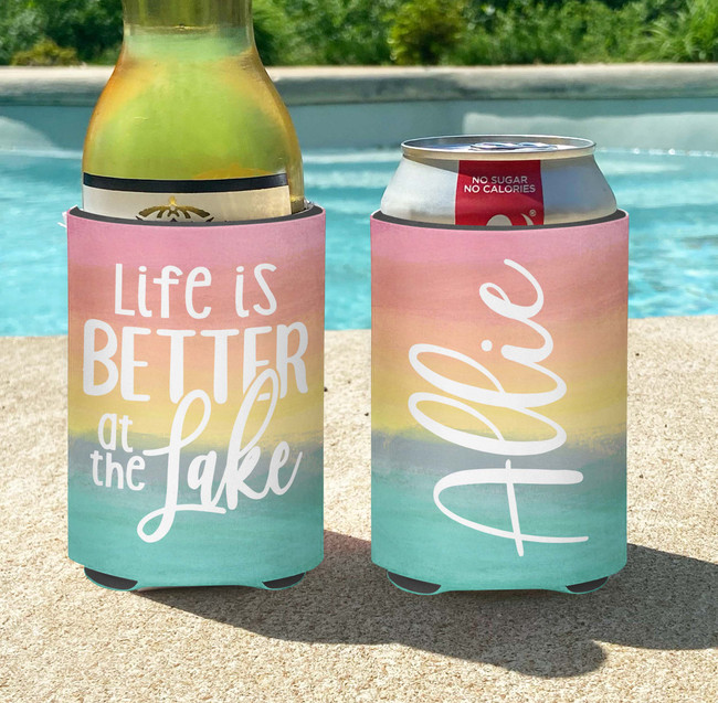Personalized Life is Better at the Lake Vacation or Girls Weekend Can Coolie or Koozies® - Pastel Watercolor Sunset