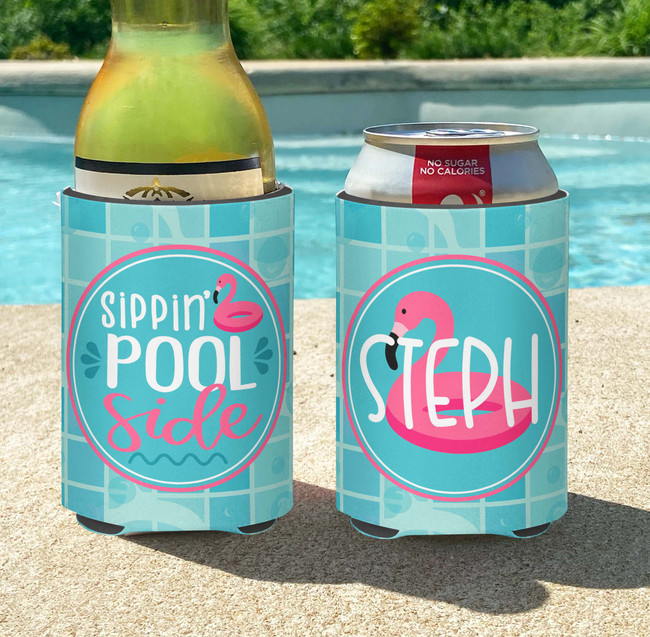 Personalized Pool Party Can Coolie or Koozies® - Sippin Poolside Flamingo Floatie