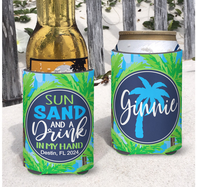 Personalized Beach Vacation Can Coolie or Koozies® Sun Sand and a Drink in My Hand Blue Palms script