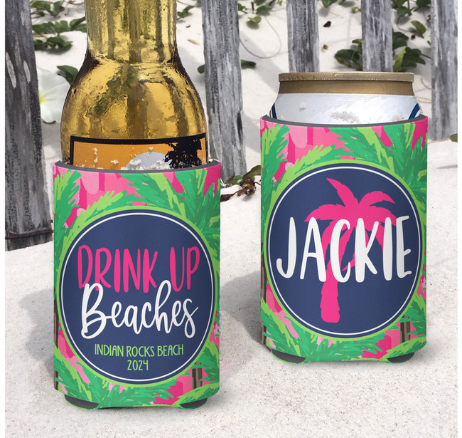 Personalized Beach Vacation Can Coolie or Koozies® Drink Up Beaches Pink Palms