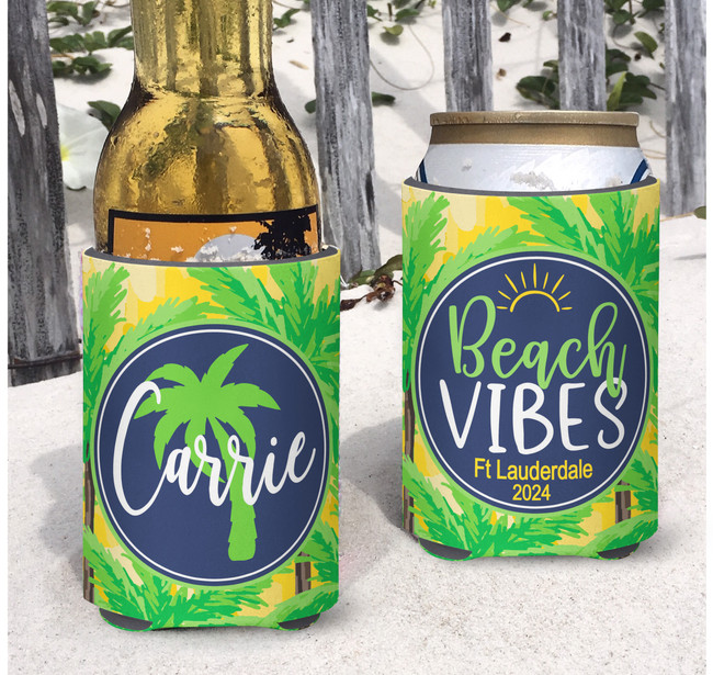 Personalized Beach Vacation Can Coolie or Koozies® Beach Vibes Yellow Palms script