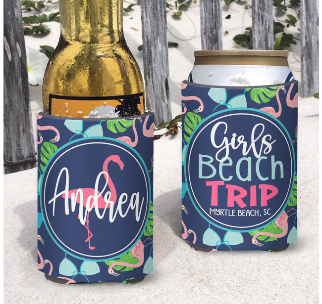Personalized Beaches Booze and Besties Vacation Can Coolie or Koozies® Navy Flamingos and Bikinis