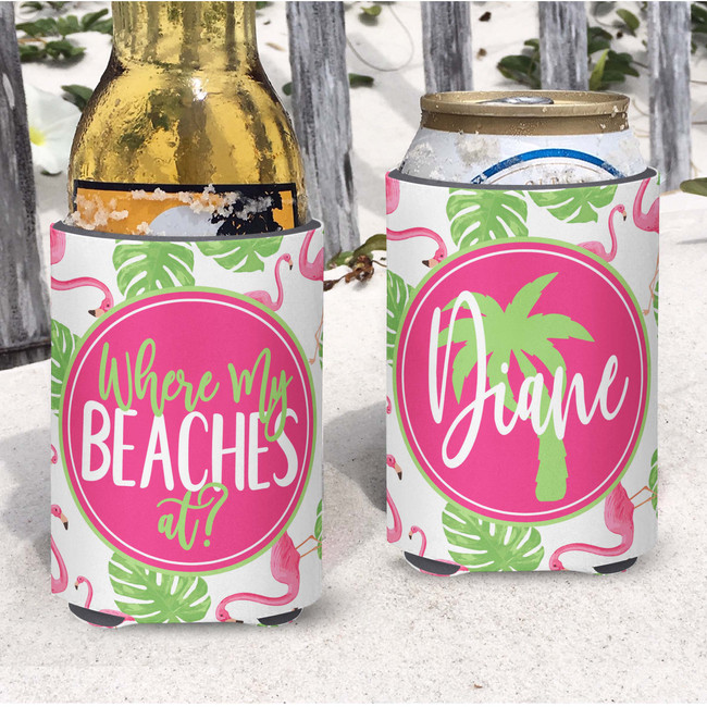 Personalized Where My Beaches At Vacation Can Coolies or Koozies® Pink Flamingos