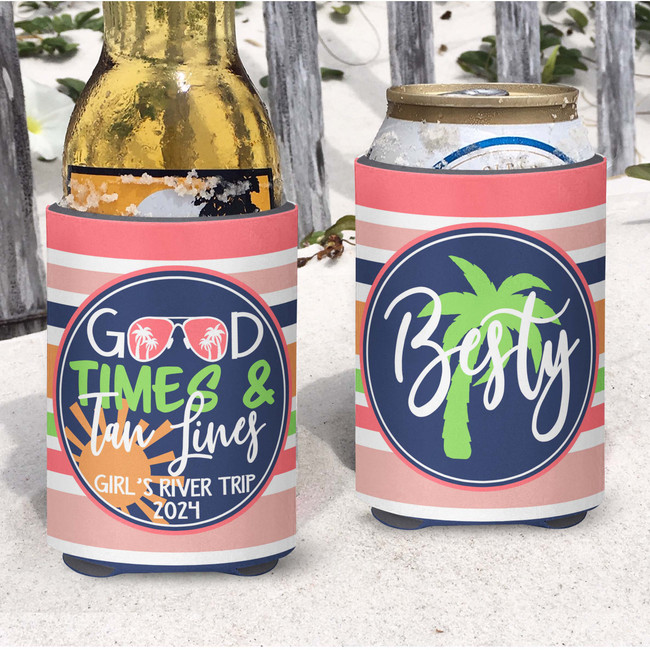 Personalized Good Times and Tan Lines Beach Vacation Can Coolie or Koozies® Coral Striped Sunshine